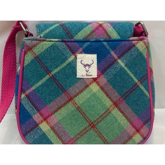 NESS Wool Rich Check Crossbody Bag Satchel Messenger Shoulder Pink Leather Trim - Picture 6 of 16